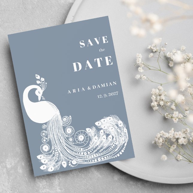 Dusty blue white royal peacock chic Save the Date Einladung (Dusty blue white royal peacock chic Save the Date )