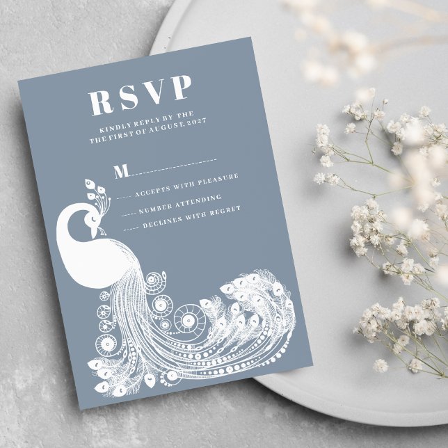 Dusty blue white royal peacock elegant RSVP Einladung (Dusty blue white royal peacock elegant RSVP)
