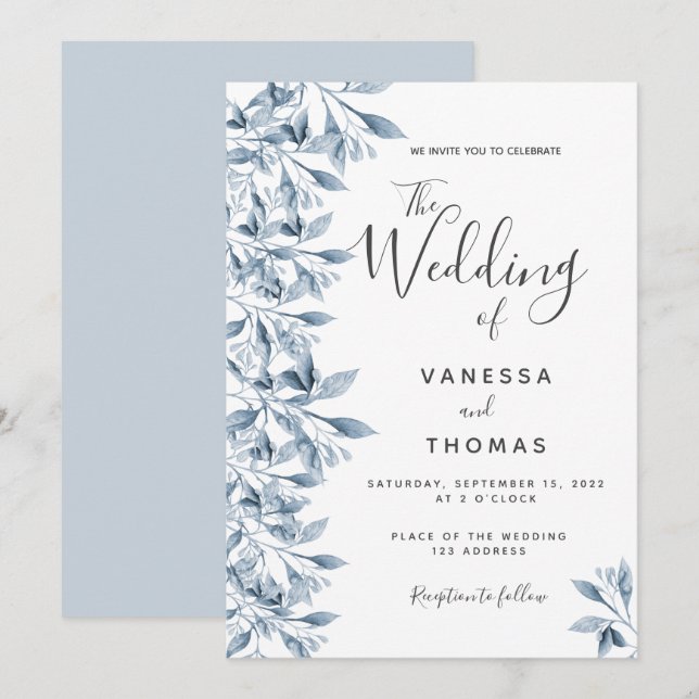 Dusty-Blue-White-Schrift-Hochzeit Einladung (Vorne/Hinten)