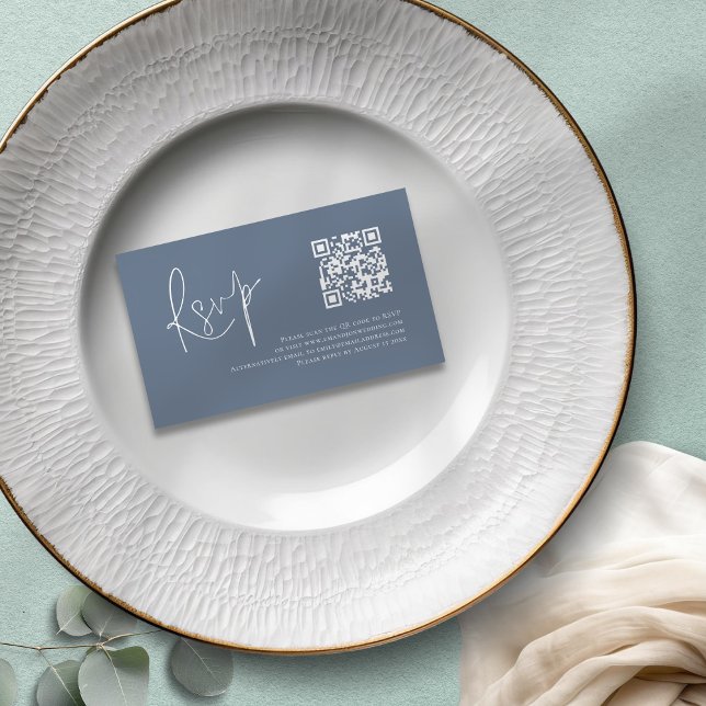 Dusty Blue White Script QR Code Wedding RSVP Begleitkarte (Mini size enclosure)