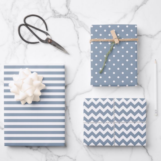 Dusty Blue & White Streifen Polka Dot Zickzack Geschenkpapier Set (Vorderseite)