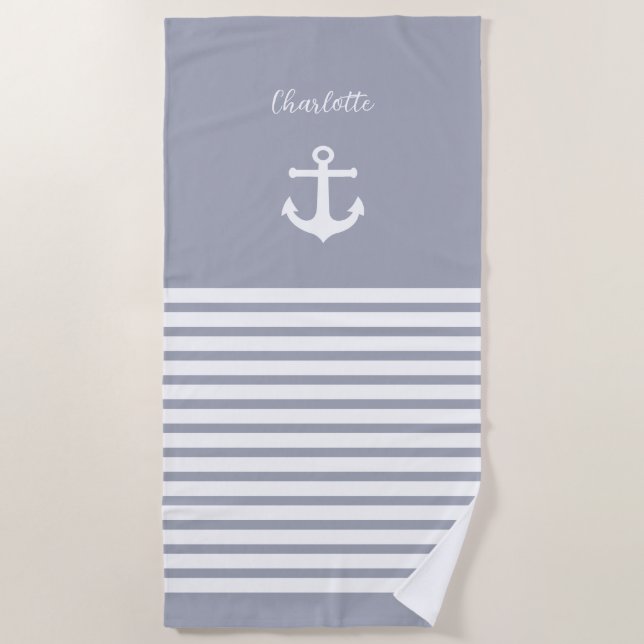 Dusty Blue White Stripes Nautic Personalisiert Strandtuch (Vorderseite)