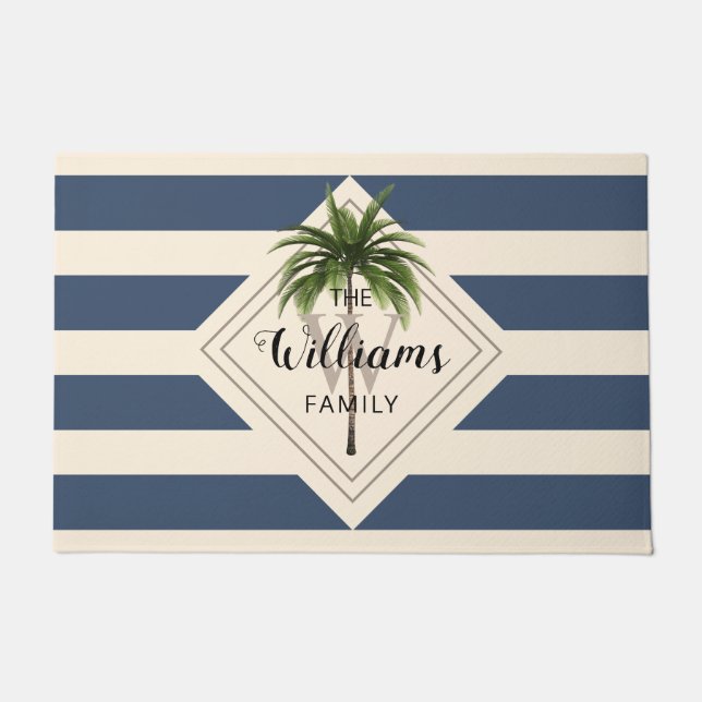 Dusty Blue White Stripes Tropical Beach Monogram Fußmatte (Vorderseite)