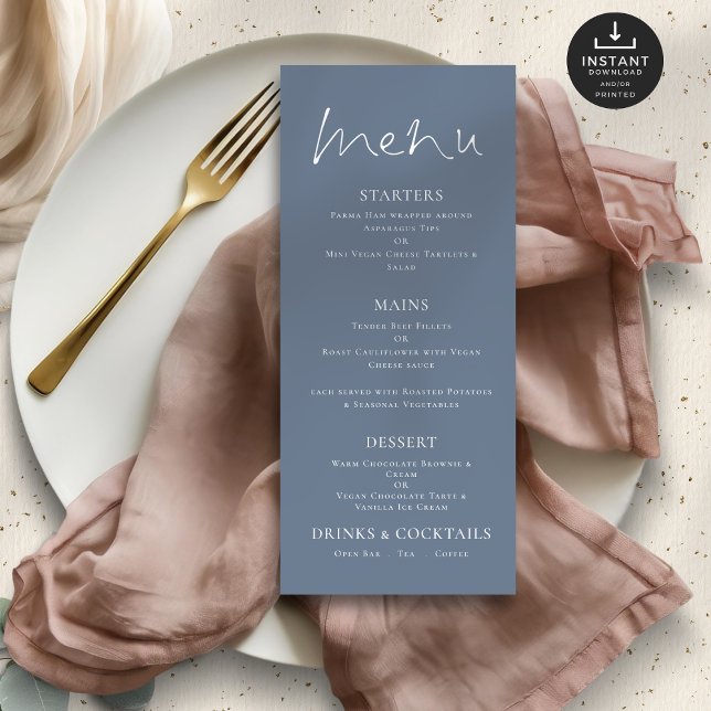 Dusty Blue White Text Wedding Menu Karte (Von Creator hochgeladen)