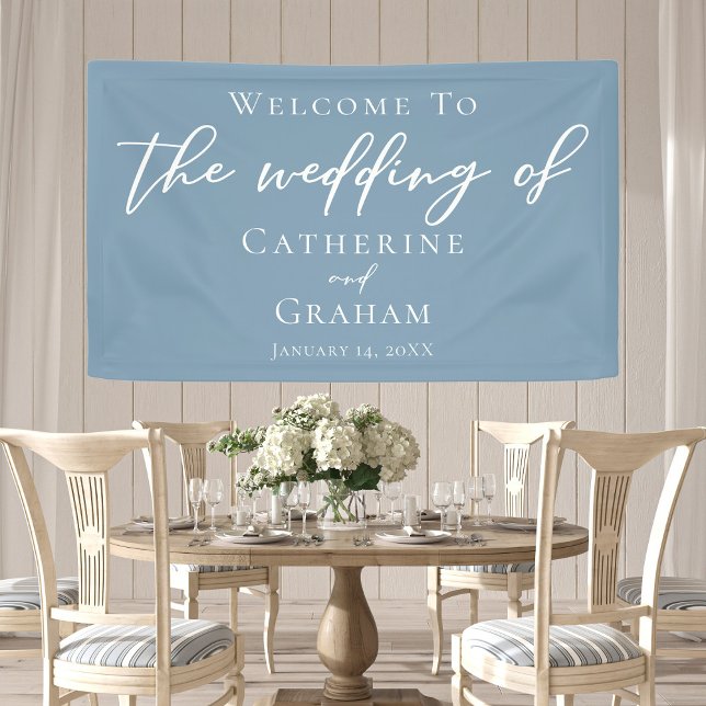 Dusty Blue White Typografy Coastal Wedding Banner (Von Creator hochgeladen)