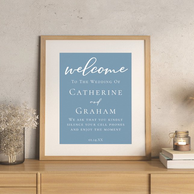 Dusty Blue White Typografy Coastal Wedding Poster (Von Creator hochgeladen)