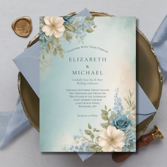 Dusty Blue White Watercolor Floral Wedding Einladung (Dusty Blue White Floral Watercolor Elegant Formal Wedding Invitation Printed or Instant Download)
