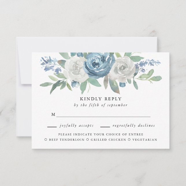 Dusty Blue & White Wedding Meal Choice UAWG RSVP Karte (Vorderseite)
