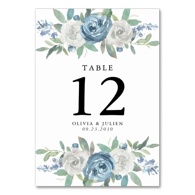 Dusty Blue & White Wedding Tischnummer Cards (Vorderseite)