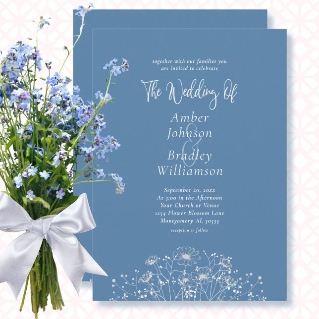 Dusty Blue White Wildblume QR Code Foto Hochzeit Einladung (Von Creator hochgeladen)