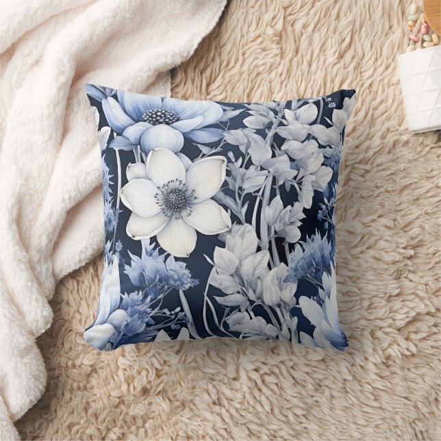 Dusty Blue White Winter Blume Navy Kissen (Decke)