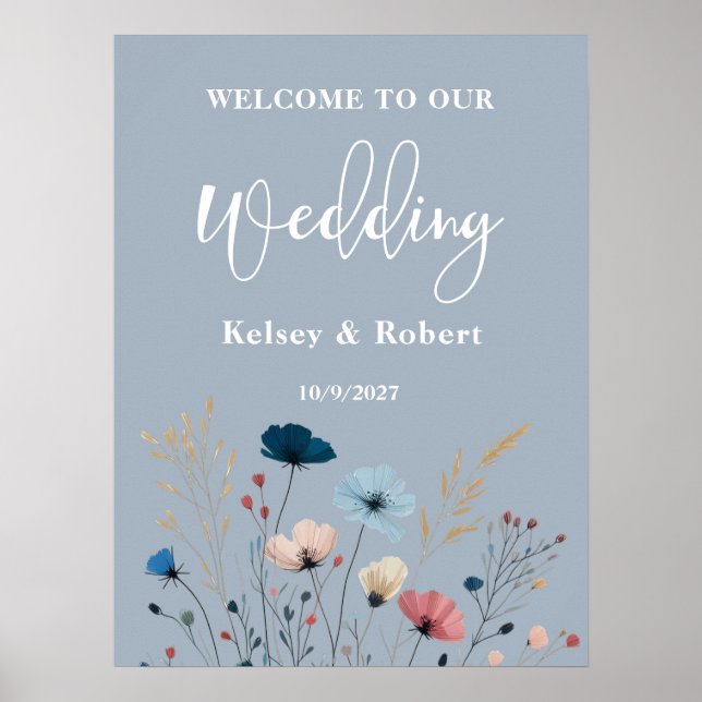 Dusty Blue Wild Floral Welcome Wedding Sign Poster (Vorne)