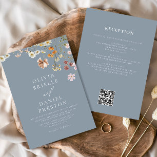 Dusty Blue Wildblume All in One QR Code Wedding Einladung