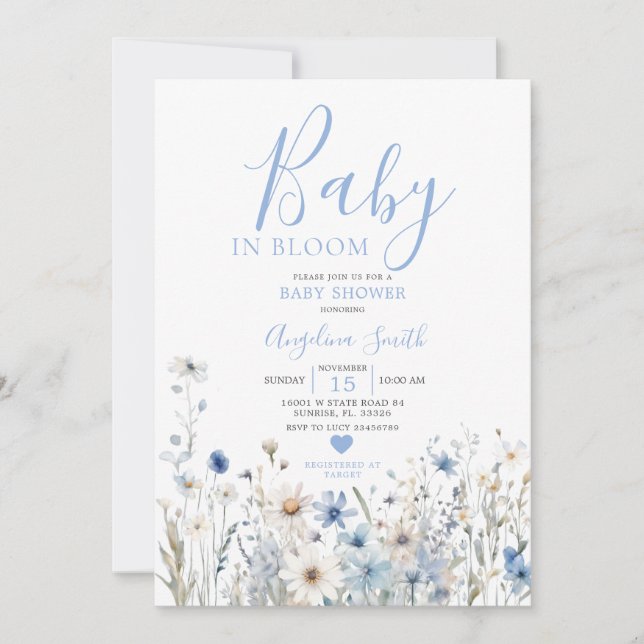 Dusty Blue Wildblume Baby in Bloom Baby Shower Einladung (Vorderseite)