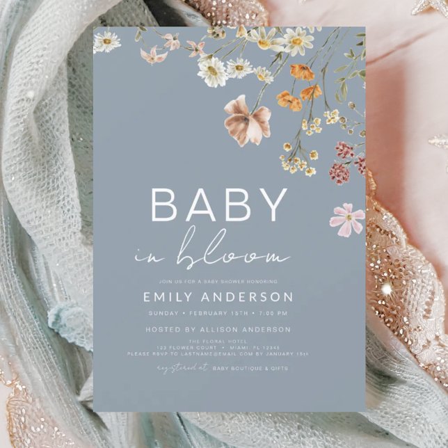 Dusty Blue Wildblume Baby in Bloom Baby Shower Einladung (Von Creator hochgeladen)