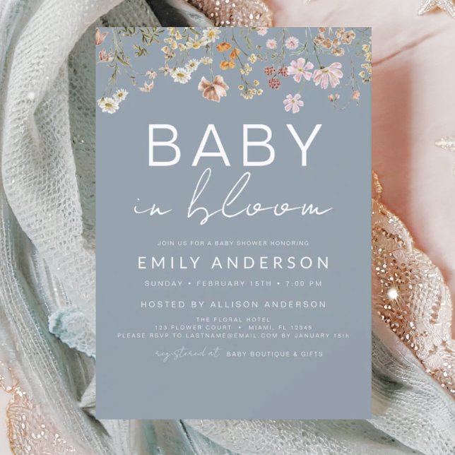 Dusty Blue Wildblume Baby in Bloom Baby Shower Einladung (Von Creator hochgeladen)