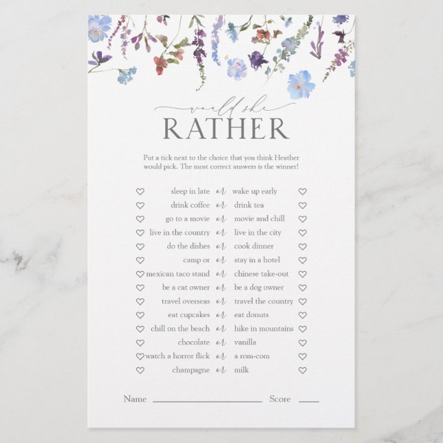 Dusty Blue Wildblume Brautparty Game (Vorderseite)