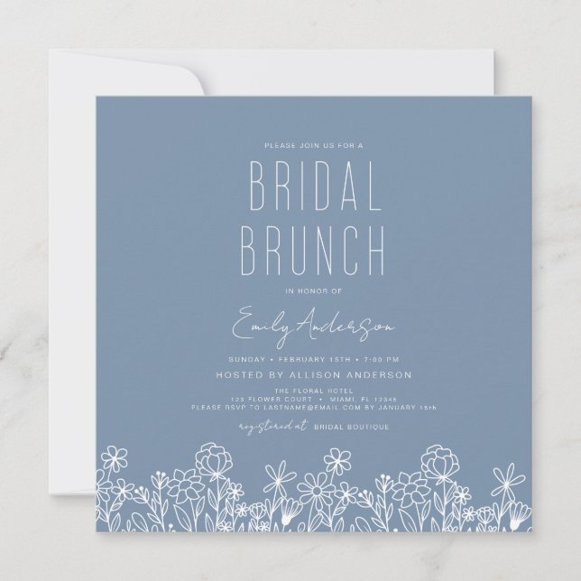 Dusty Blue Wildblume Bridal Brunch Brautparty Einladung (Vorderseite)