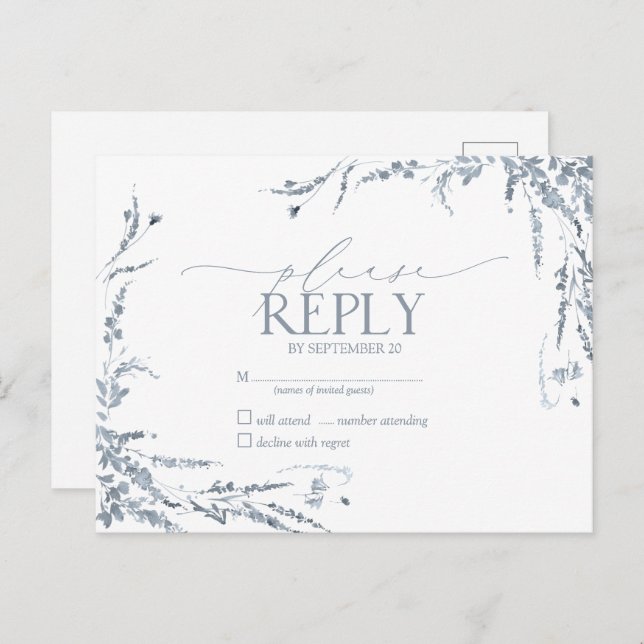 Dusty Blue Wildblume Calligraphy Wedding RSVP Einladungspostkarte (Vorne/Hinten)