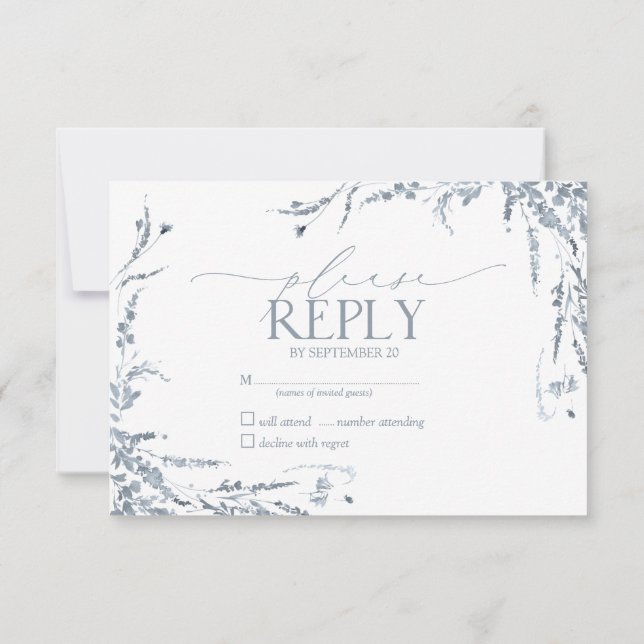 Dusty Blue Wildblume Calligraphy Wedding RSVP Karte (Rückseite)