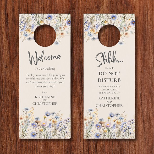 Dusty Blue Wildblume, die die Hochzeit nicht stört Türanhänger (BOHO Blue Wildflower Wedding Shhh Door Hanger, with Welcome Message, Couple Names.)