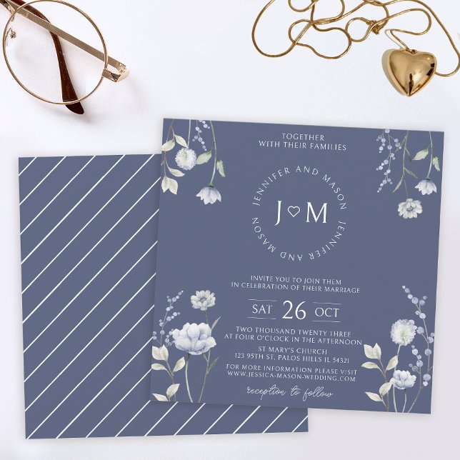 Dusty Blue Wildblume elegante Monogram Wedding Einladung (Von Creator hochgeladen)