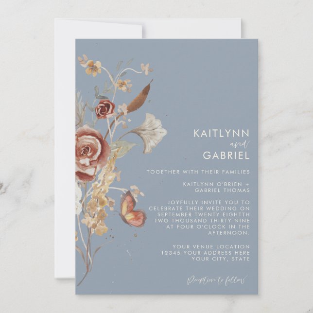 Dusty Blue Wildblume Floral Watercolor Wedding Einladung (Vorderseite)