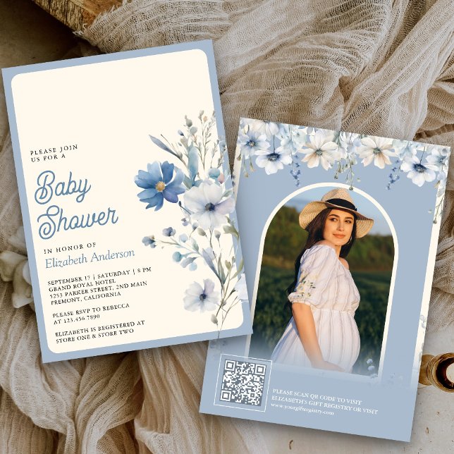 Dusty Blue Wildblume Foto QR Code Kinderdusche Einladung (Von Creator hochgeladen)