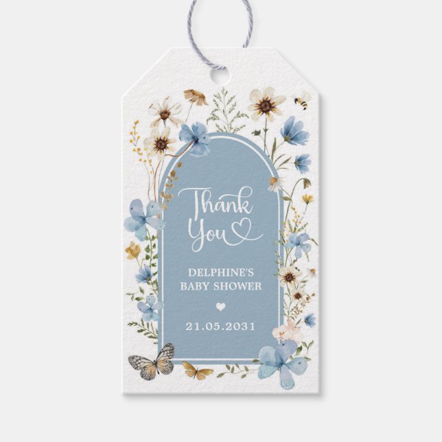 Dusty Blue Wildblume Garden Baby Shower Favoriten Geschenkanhänger (Vorderseite)