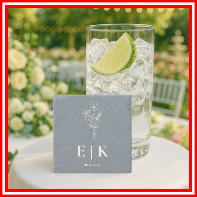 Dusty Blue Wildblume Monogram Wedding Steinuntersetzer (Von Creator hochgeladen)
