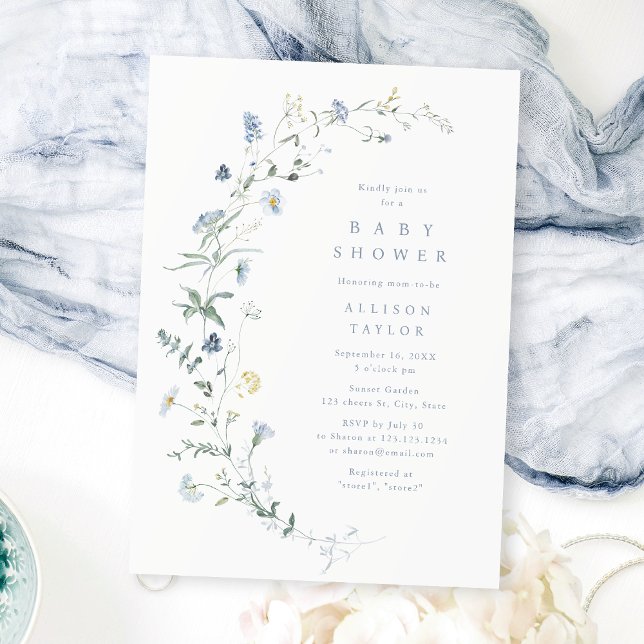 Dusty Blue Wildblume Rustic Boho Babydusche Einladung (Dusty Blue Wildflower Rustic Boho Baby Shower Invitation)