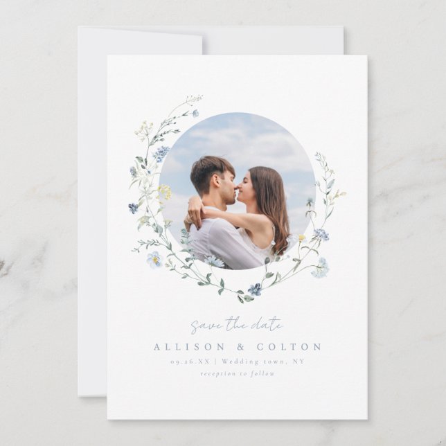 Dusty Blue Wildblume Rustic Boho Couples Foto Save The Date (Vorderseite)
