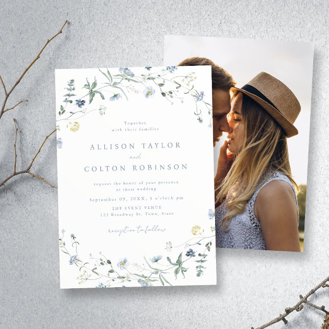 Dusty Blue Wildblume Rustic Boho Wedding Foto Einladung (Dusty Blue Wildflower Rustic Boho Wedding Photo Invitation)
