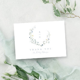 Dusty Blue Wildblume Rustic Boho Wedding Monogramm Dankeskarte