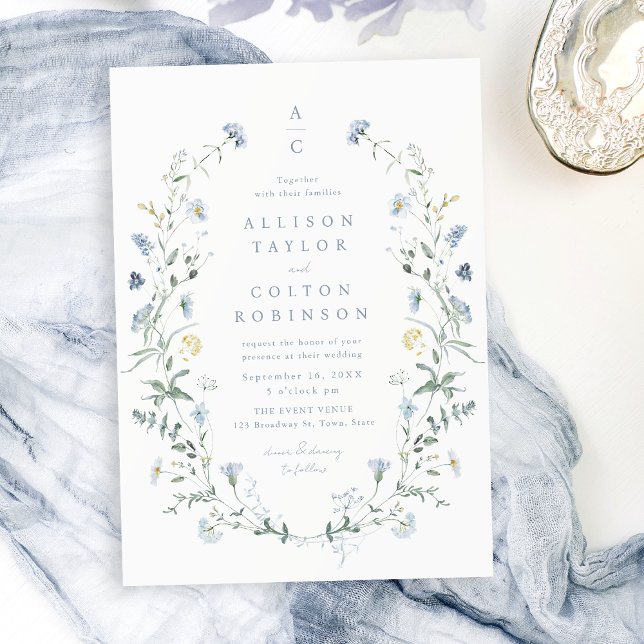 Dusty Blue Wildblume Rustic Boho Wedding Monogramm Einladung (Dusty Blue Wildflower Rustic Boho Wedding monogram Invitation)