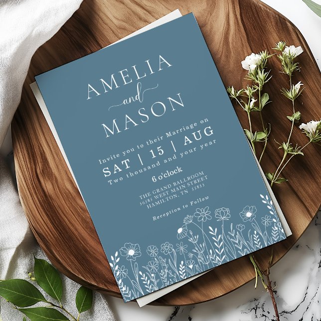 Dusty Blue Wildblume Wedding Einladung (Dusty Blue Minimal Floral Wildflower Wedding Invitation)