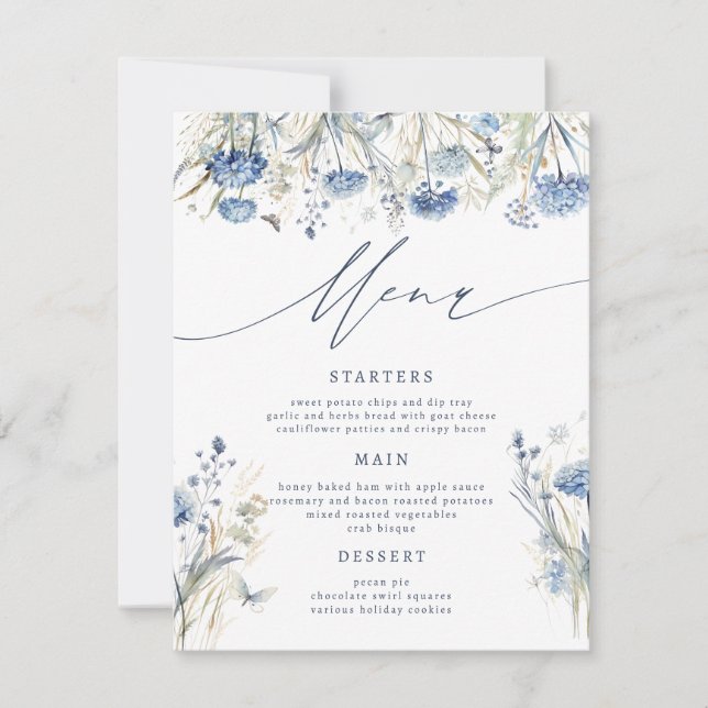 Dusty Blue Wildblume Wedding Menu Card Einladung (Vorderseite)