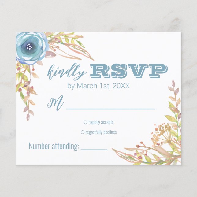 Dusty Blue Wildblume Wedding RSVP (Vorderseite)