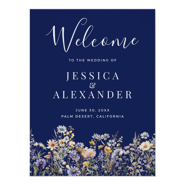 Dusty Blue Wildblumen 24x36 Navy Wedding Welcome Poster (Vorderseite)