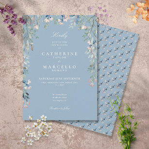 Dusty Blue Wildblumen Blumengrün Hochzeit Einladung