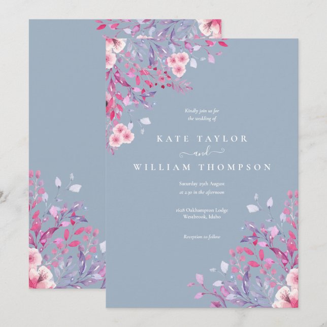 Dusty Blue Wildblumen BlumenWedding Einladung (Vorne/Hinten)