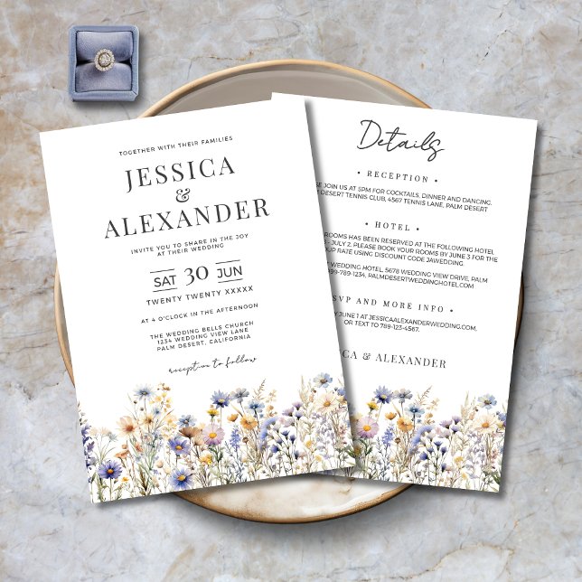 Dusty Blue Wildblumen Elegant auf einer Hochzeit Einladung (Dusty Blue Wildflowers Elegant All In One Wedding Invitation with Details on the Back.)