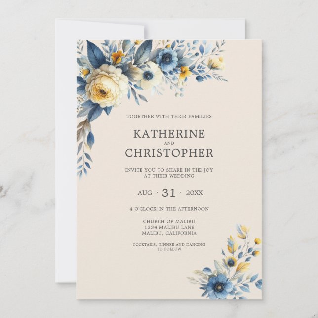 Dusty Blue Wildblumen Elegant Beige Wedding Einladung (Vorderseite)