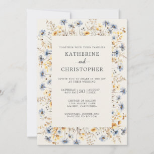 Dusty Blue Wildblumen Elegante Elfenbeinhochzeit Einladung