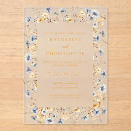 Dusty Blue Wildblumen Elegante Hochzeit Acryleinladungen