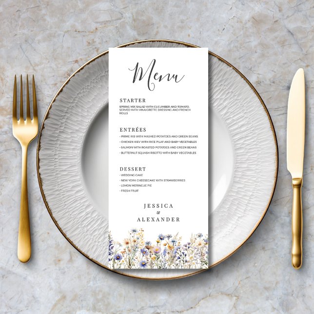 Dusty Blue Wildblumen Formal Elegante Hochzeit Menükarte (Dusty Blue Wildflowers Formal Elegant Wedding Menu with Couple Names, Wedding Date.
)