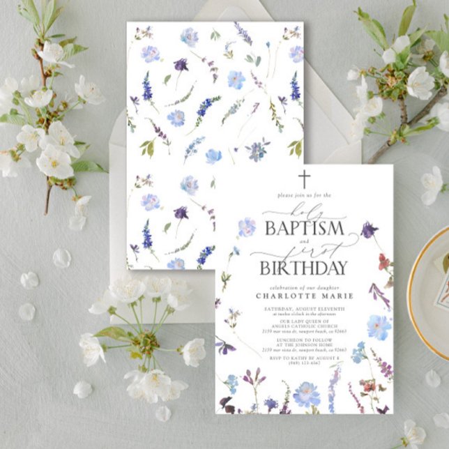 Dusty Blue Wildblumen Heilige Taufe & 1. Geburtsta Einladung (Easily personalize this baptism and first birthday invite with your personal details.)