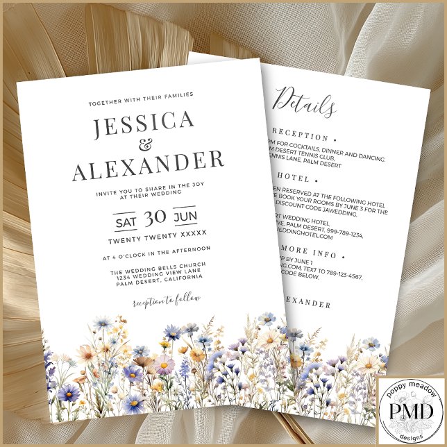 Dusty Blue Wildblumen in einer eleganten Hochzeit Einladung (Dusty Blue Wildflowers All In One Wedding Invitation with Details, Reception, Hotel and RSVP on Back)