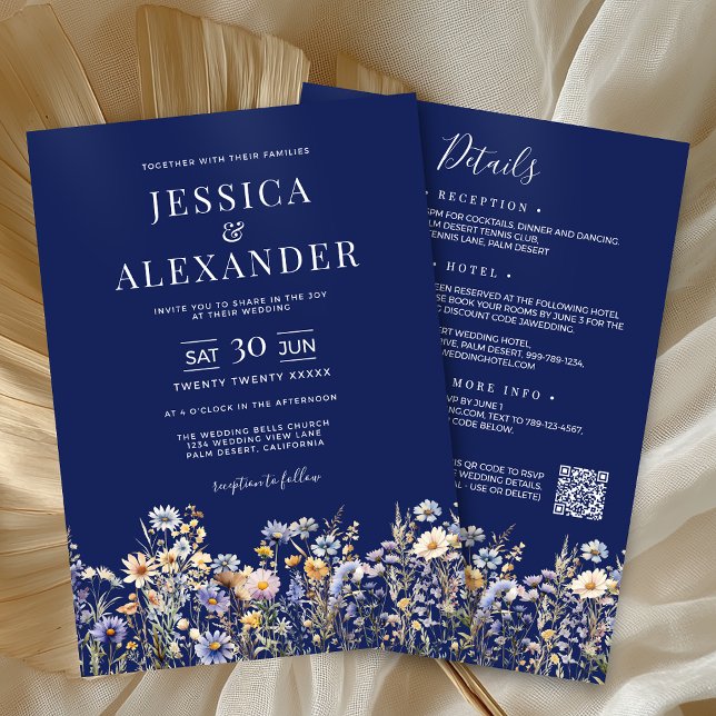 Dusty Blue Wildblumen in einer QR Navy Hochzeit Einladung (Dusty Blue Wildflower All In One QR Code Navy Wedding Invitation with Reception, Hotel, RSVP on Back)