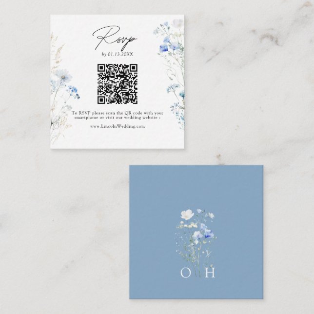 Dusty Blue Wildblumen Monogram QR Code UAWG Begleitkarte (Vorne/Hinten)